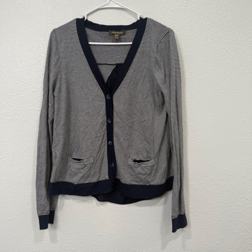 Tommy Bahama Womens Navy White Striped Mixed Media Chiffon Back Cardigan M BB1
